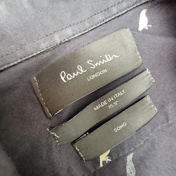 Paul Smith Soho Shirt Men 15.5 Blue Bird Print Novelty Black Dress Button Up - Picture 3 of 7